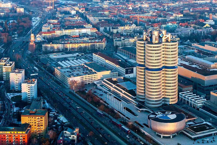 Munich, olimpiada, puesta de sol, Alemania, vista aérea, paisaje urbano