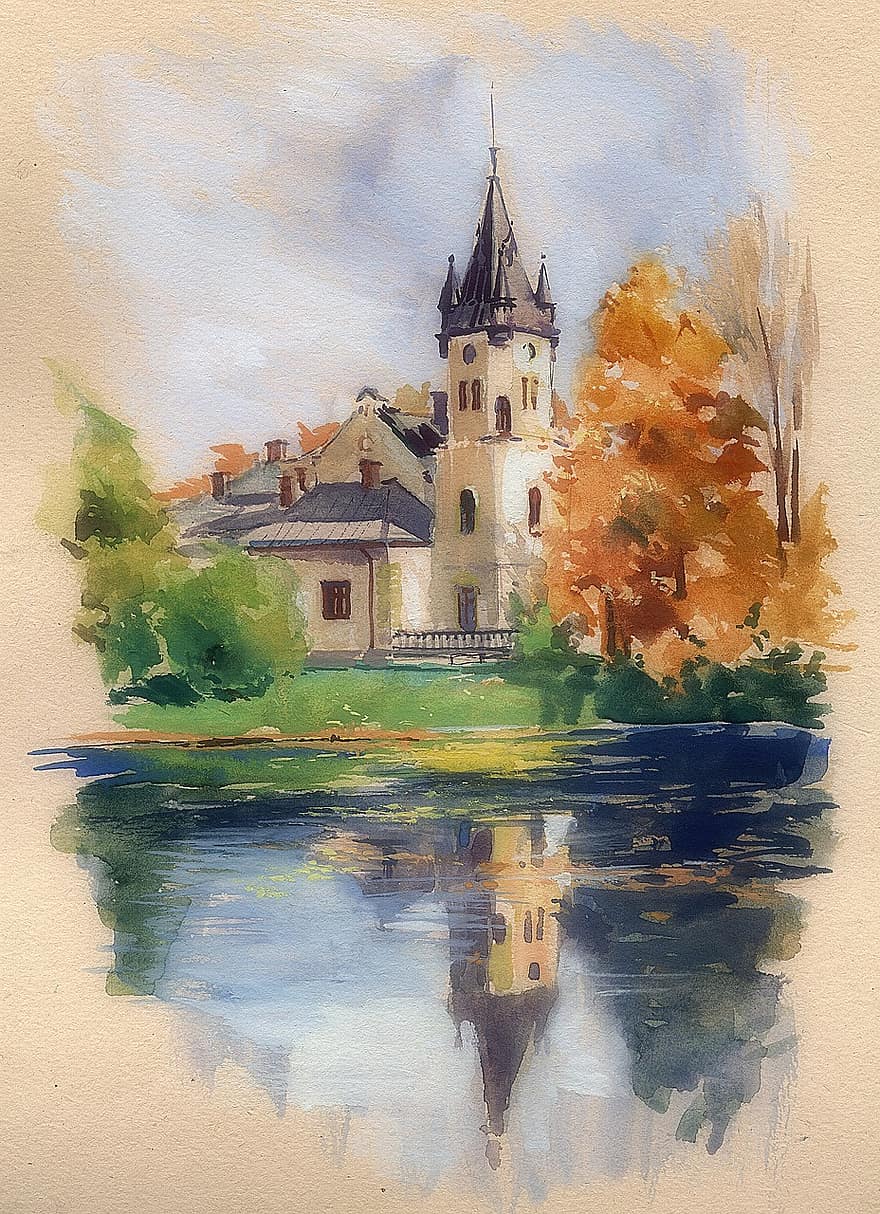 Olszanica, The Palace, Byes, Watercolor
