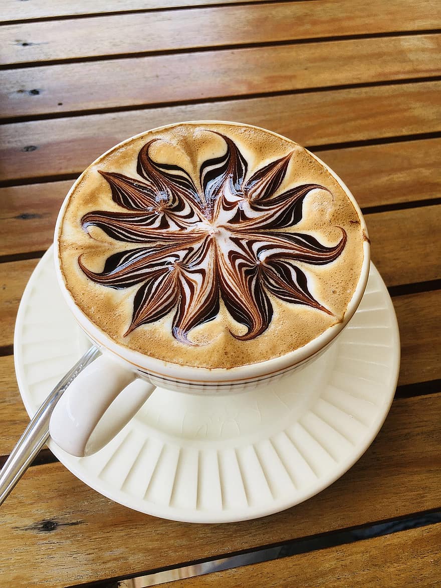 cafè, art latte, latte, espresso, cappuccino, beure, calor, temperatura, taula, primer pla, beguda espumosa