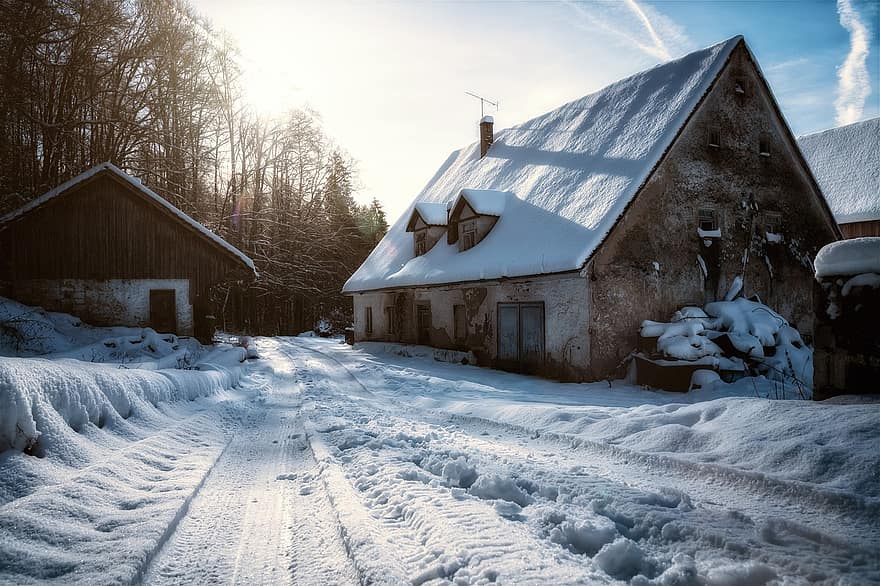 家、雪、冬、雪の風景、白、ファーム、古い、放棄された、雪が多い、冬の気分、太陽