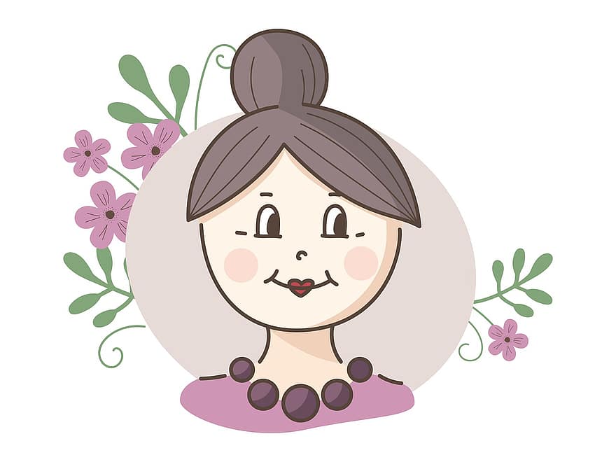 mormor, blommor, senior, gammal, mamma, tecknad serie, illustration, vektor, blomma, söt, design