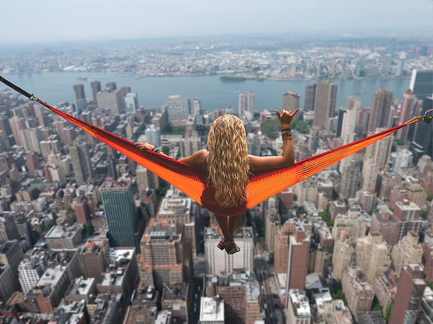 New York, Girl, Young Woman, Hammock, Height, Relax, Relaxation, No Fear Of Heights