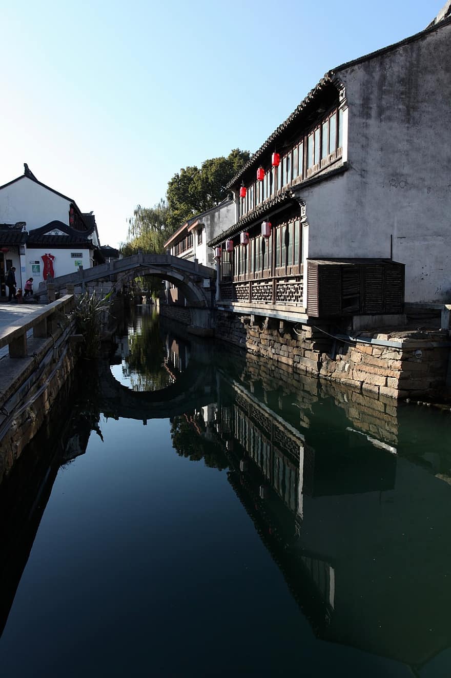 Asia, viaje, turismo, canal, Suzhou, camino de pingjiang, ciudad de agua, arquitectura, agua, reflexión, lugar famoso