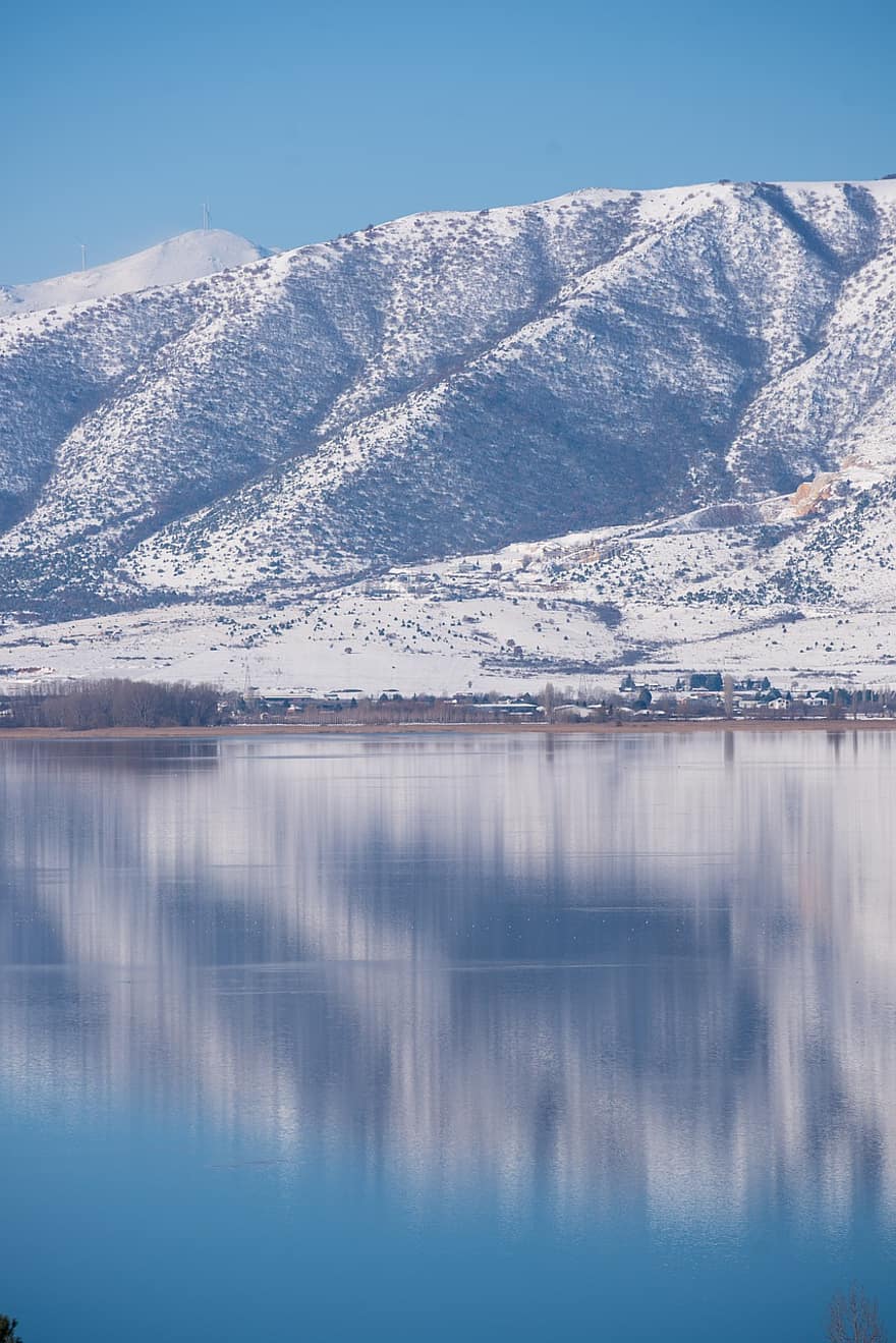 Mountain, Snow, Cold, Sky, Nature, Kastoria, water, blue, landscape, reflection, winter