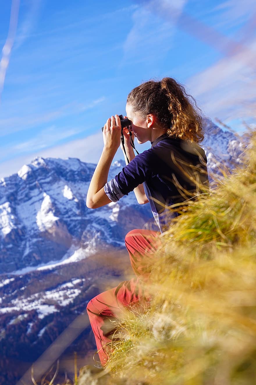 Binoculars, Girl, Mountain, View, Distant View, Viewpoint, Search, Distance, Vision, Overview, Tourism