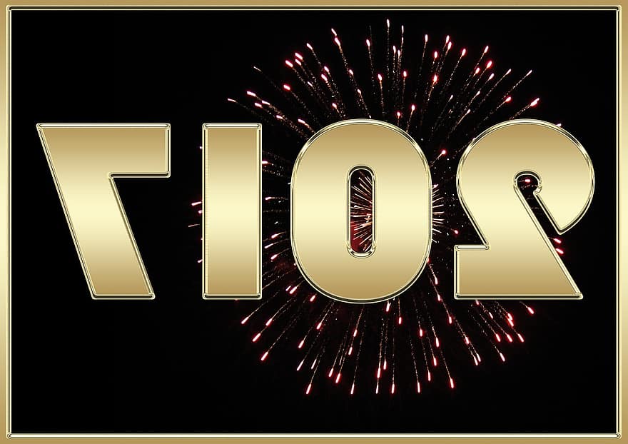 Véspera de Ano Novo, 2017, dia de Ano Novo, cartão, fogos de artifício, volta do ano, ouro, nobre, Preto, dourado, festivo