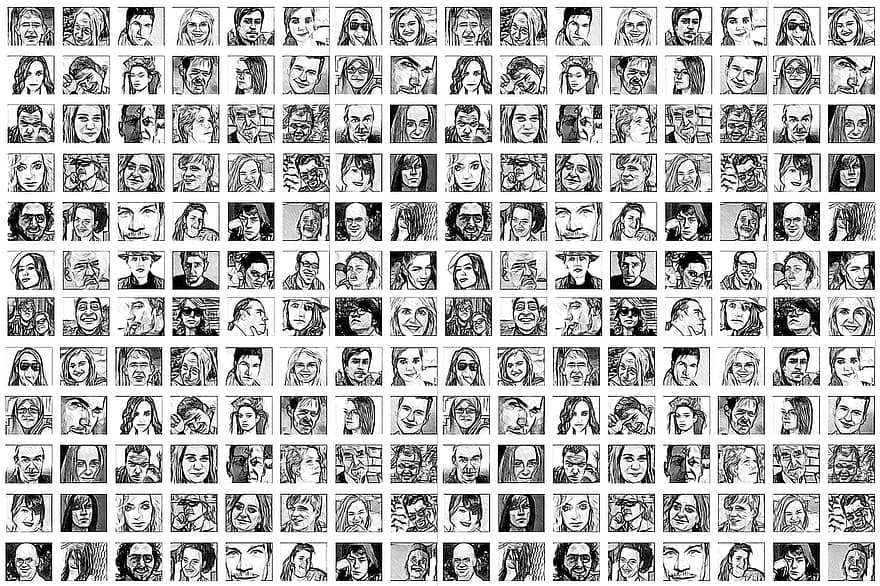 fotomontagem, rostos, álbum de foto, mundo, população, meios de comunicação, sistema, rede, notícia, pessoal, conexão