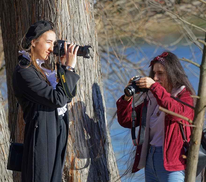 mujer, fotógrafos, parque, lago, al aire libre, Tomando fotos