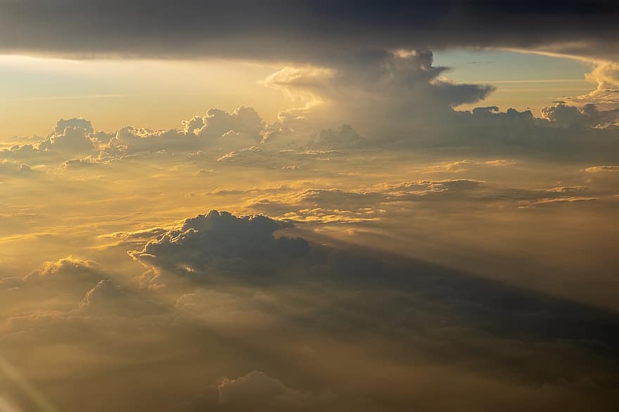 залез, облаци, небе, прозорец на самолета, самолет, Виетнам, метеорологично време, облак, слънце, слънчева светлина, син