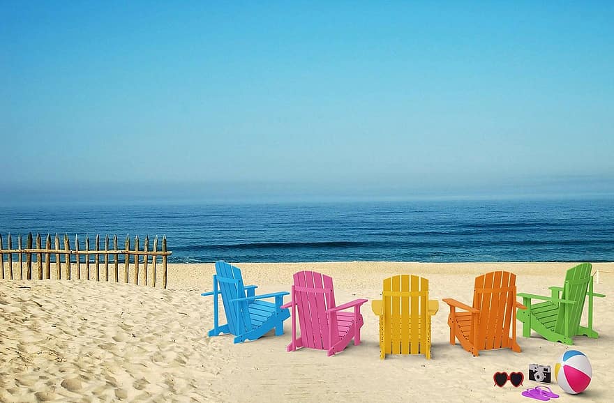 pludmale, jūra, vasarā, klāja krēsls, okeāns, jautri, krastā, ūdens, brīvdienas, ūdens polo, smiltis