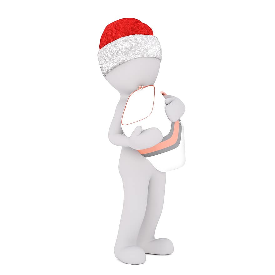 hombre blanco, modelo 3d, aislado, cuerpo completo, blanco, Navidad, sombrero de Santa, 3d, humano, bolso, oso