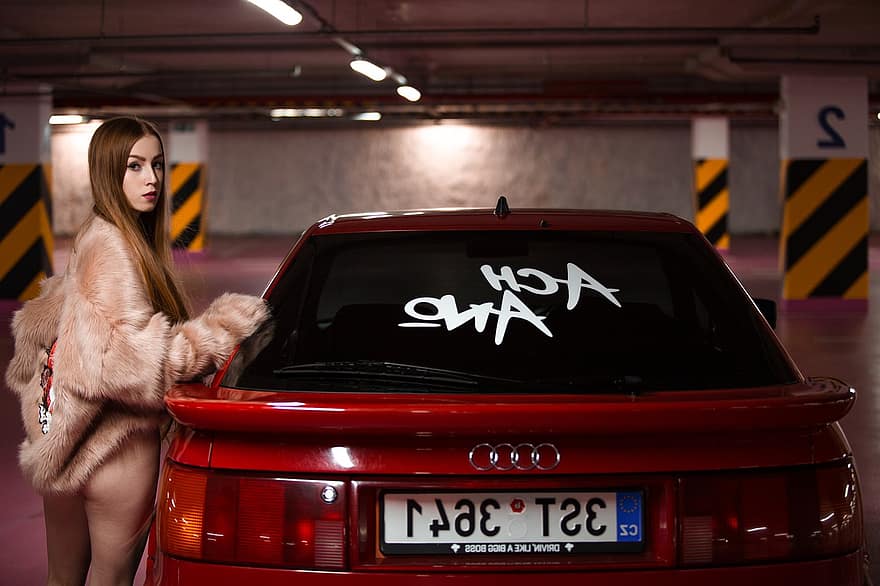 Audi, подземен гараж, червенокос човек, Автоматичен, момиче, изглед, модел, коса, архитектура, хора, Дами