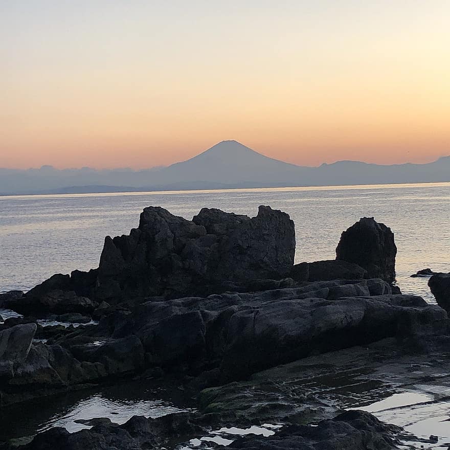 platja isshiki, sortida del sol, mar, oceà, Mount Fuji, Costa, platja, posta de sol, aigua, paisatge, rock