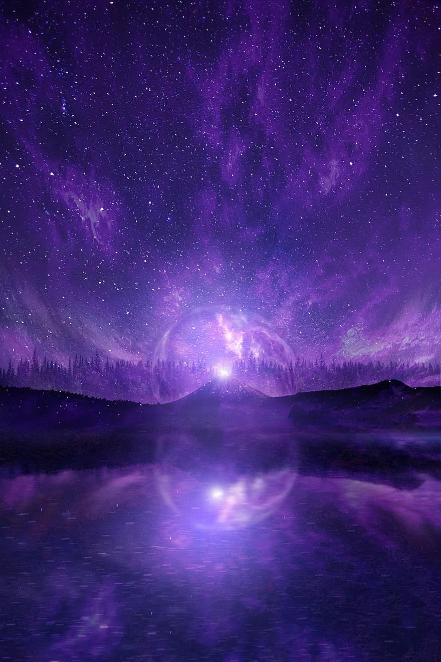 Fantasy, Mystical, Lake, Starry Sky, Night Sky, Purple Sky, Magical Sky, Magical, Water, Water Reflection, Nature