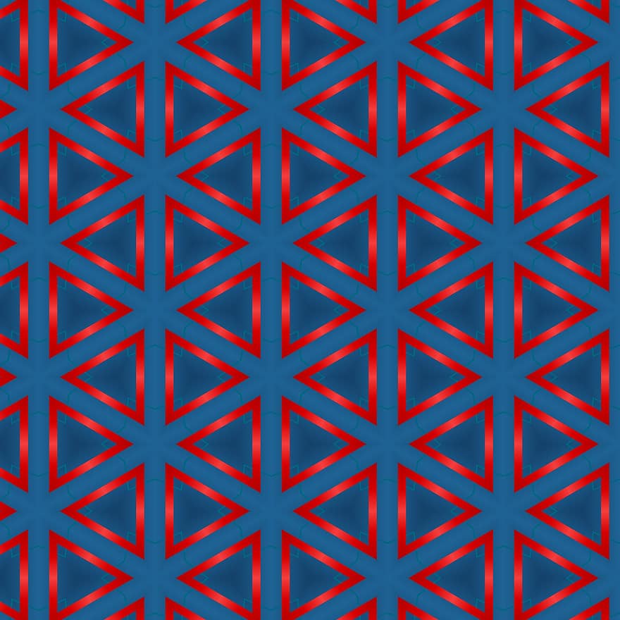 blauwe achtergrond, Rode Driehoeken, achtergronden, structuur, patroon, gestructureerde achtergrond, meetkundig, driehoek, rood, blauw, kleur