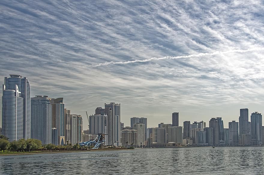 U A E, Sharjah, City, Skyline, Skyscraper, Skyscrapers, Khalid Lake, Water, Sky, Clouds, Architecture
