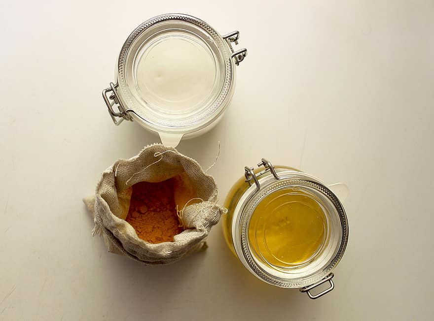 пчелен мед, куркума, кокосово масло, кисело мляко, ленена чанта, стъклена чаша, кухня, готварски, органичен, устойчивото, екологичен
