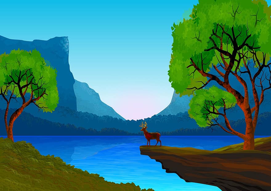 ainavu, ilustrācija, raksturs, debesis, kalni, zaļa, zils, rio, ezers, ūdens, brieži