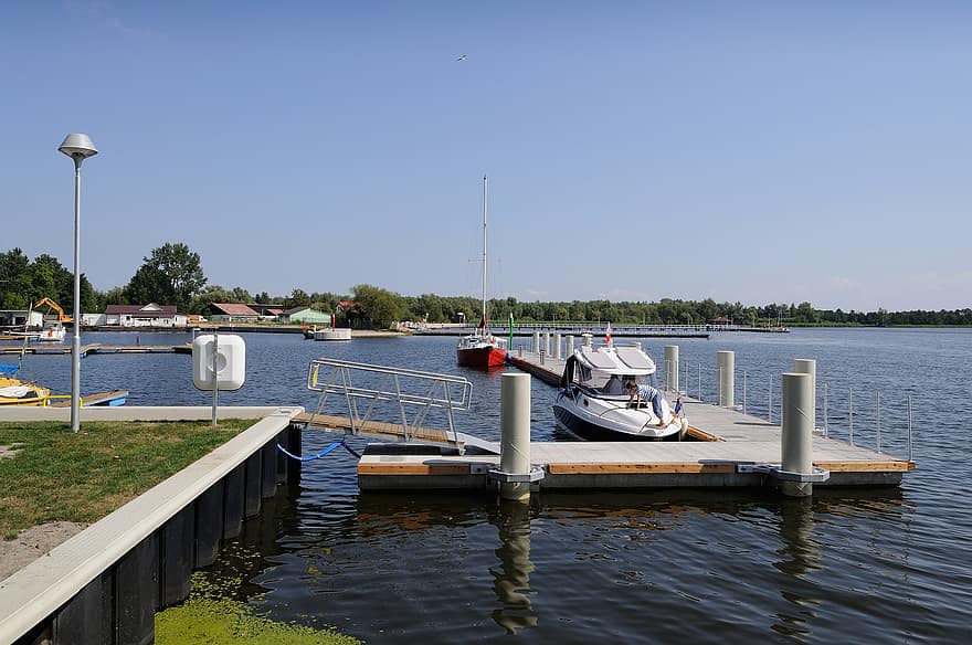 järvi, Łódź, portti, satama, Szczecinin laguuni, marina, arojen, kiinnitys, kesä, loma-, matkailu