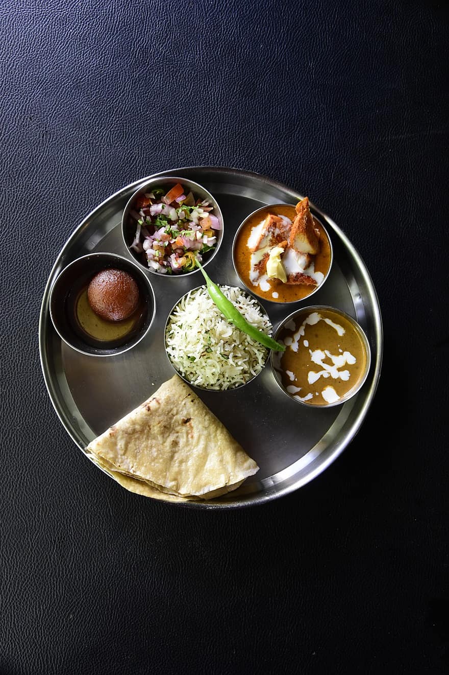 rýže, kari, pikantní, thali, kuchyně, jídlo, oběd, indický