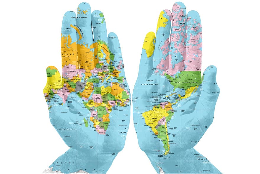 Mapa świata, ręce, świat, mapa, narodów