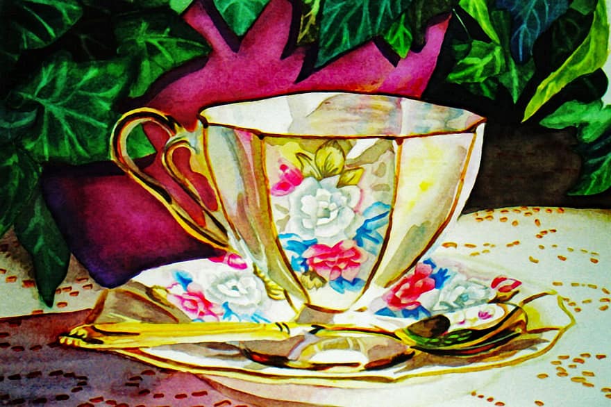 акварел, чаша за чай, цветен, чай, реколта, дизайн, живопис, украса, чаша, Време за чай, цифрова живопис
