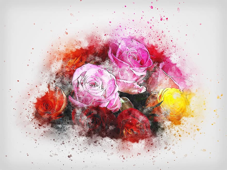 Flowers, Roses, Wedding, Bouquet, Art, Nature, Abstract, Watercolor, Vintage, Spring, Romantic
