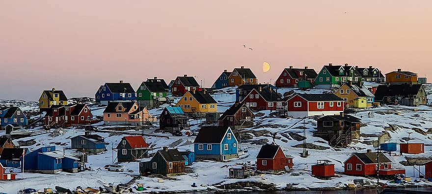 Grønland, solnedgang, landsby