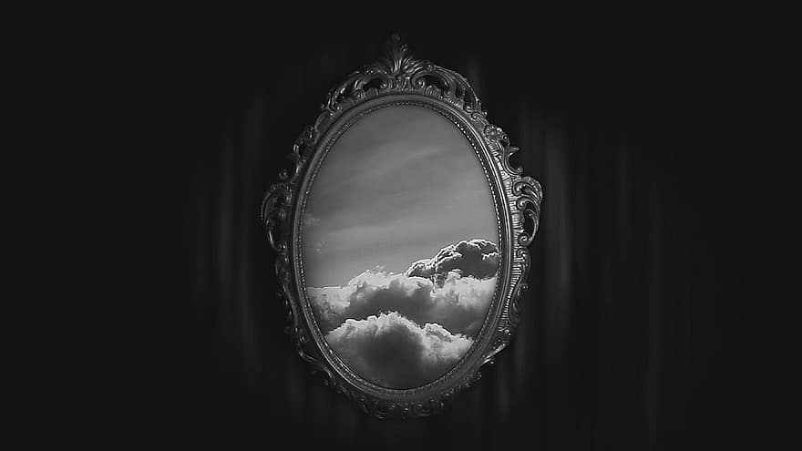 Mirror, Clouds, Magic, Fantasy, window, backgrounds, space, black and white, indoors, architecture, old