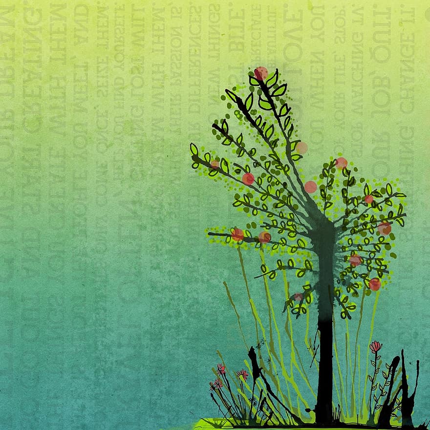 ilustrado, árbol, verde, flor, Art º, acuarela, cielo, floral, fondo, textura, fondo verde