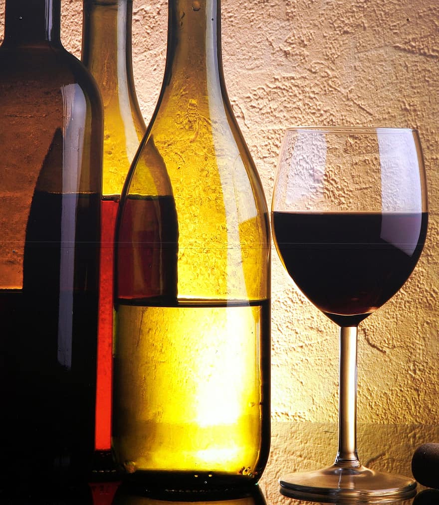 şişeler, bardak, şarap, kırmızı şarap, alkol, şarap bardağı