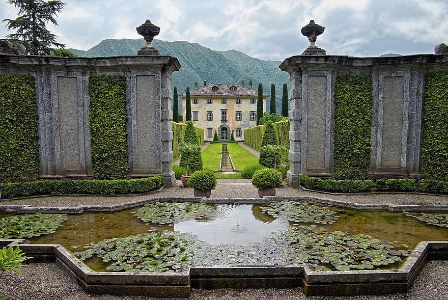 Willa Balbiano, Fontana, ogród, lilie wodne, architektura, willa, budowa, historyczny budynek, turystyka, drzewa cyprysowe, Jezioro Como