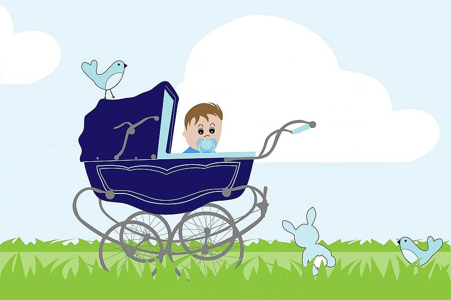 bebis, pojke, blå, årgång, barnvagn, pråm, sittvagn, kort, födelse, ny, meddelande
