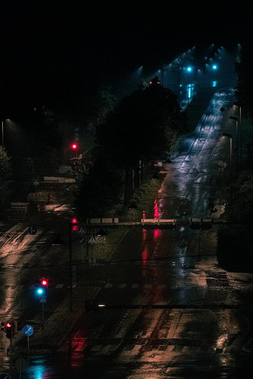 дъждовен, нощ, път, дъжд, тежък дъжд, мокър, улица, улични светлини, светофар, град, празен път
