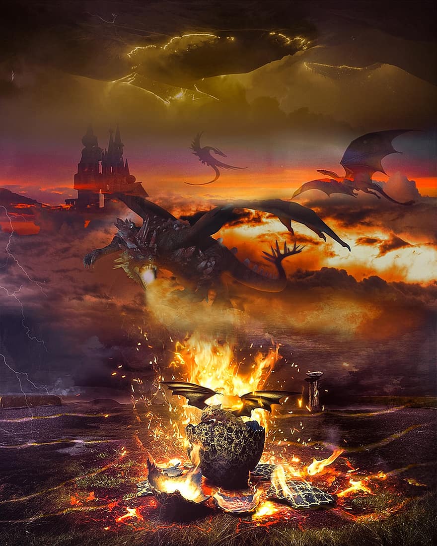 Fantasy, Dragon, Fire, Flying, Sky, Clouds, Baby Dragon, Flames, Castle, Attack, Destruction