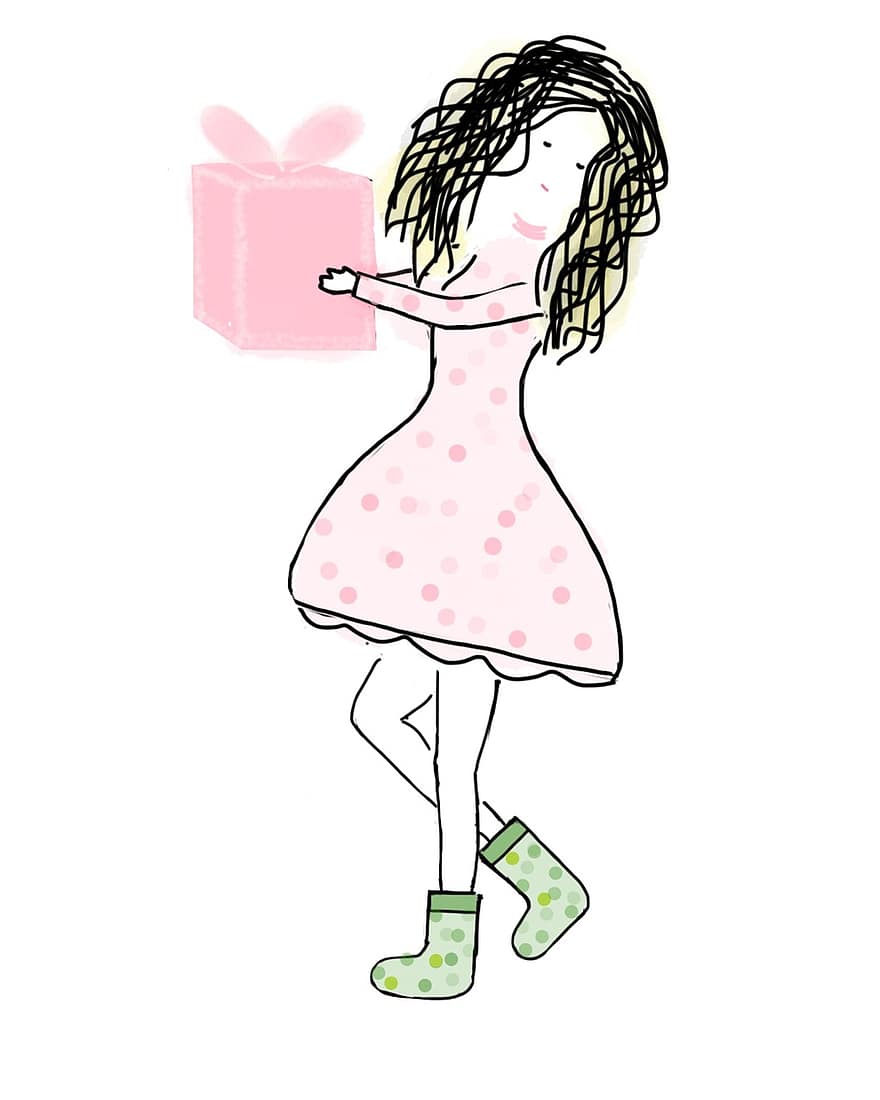 meisje, gift, geschenkdoos, roze rok, meisje in het roze, gekruld haar, aanwezig, jong, roze jurk, schattig, vrouw