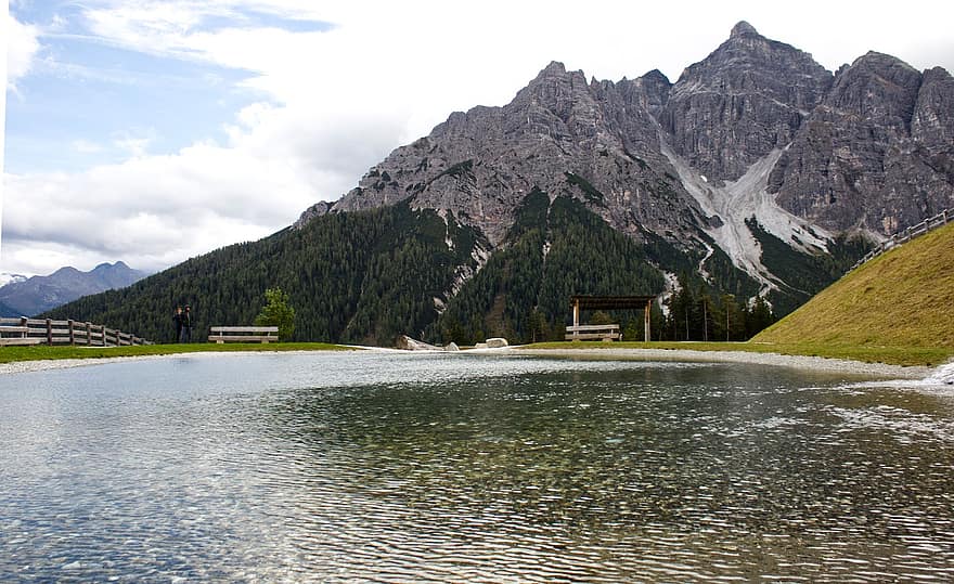 Ausztria, hegyek, tó, természet, hegy, tájkép, nyári, víz, fű, hegység, hegycsúcs