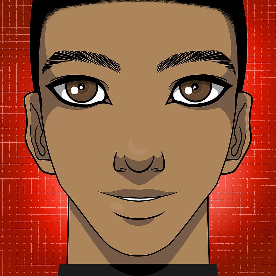 Man, Smile, Handsome, Short Hair, Black Hair, Attractive, Face, Male, Young, Cartoon, Drawing