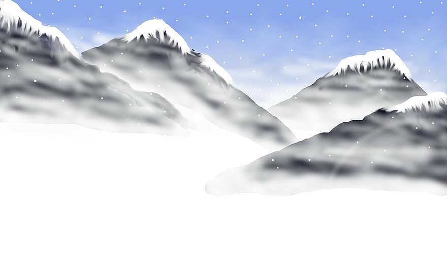 śnieg, góry, rysunek, zimno, na dworze, pokrywy śnieżne, burza śnieżna, szczyt, Alpy, Rockies, mrożony