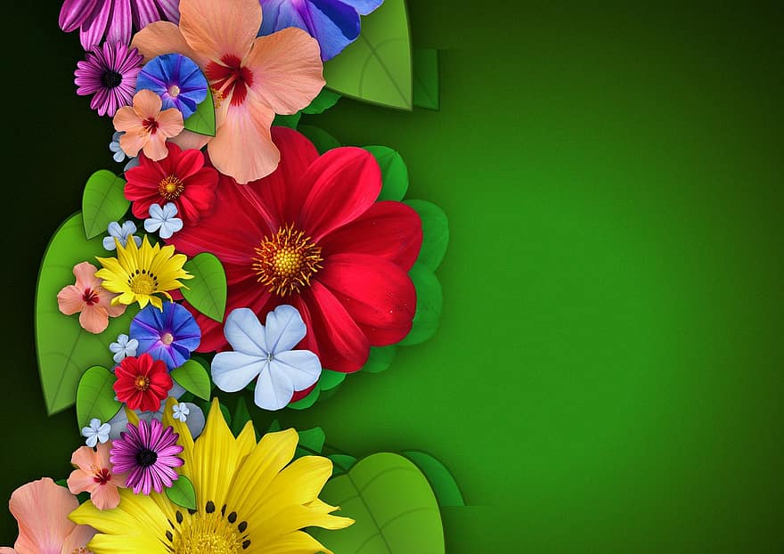 bunga-bunga, kolase, kombinasi, musim panas, gaya, musim semi, menanam, alam, daun, grafis, flora