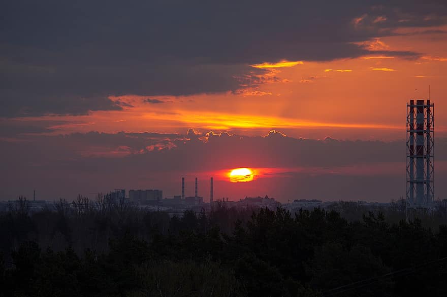 City, Sunset, Sky, Clouds, dusk, fuel and power generation, industry, sun, factory, construction industry, sunrise
