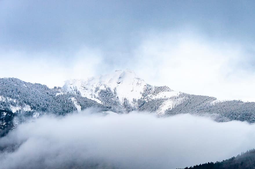 montagne, vertice, inverno, nuvole, Sankt Gilgen, Wolfgangsee, Austria, natura, paesaggio, la neve, picco
