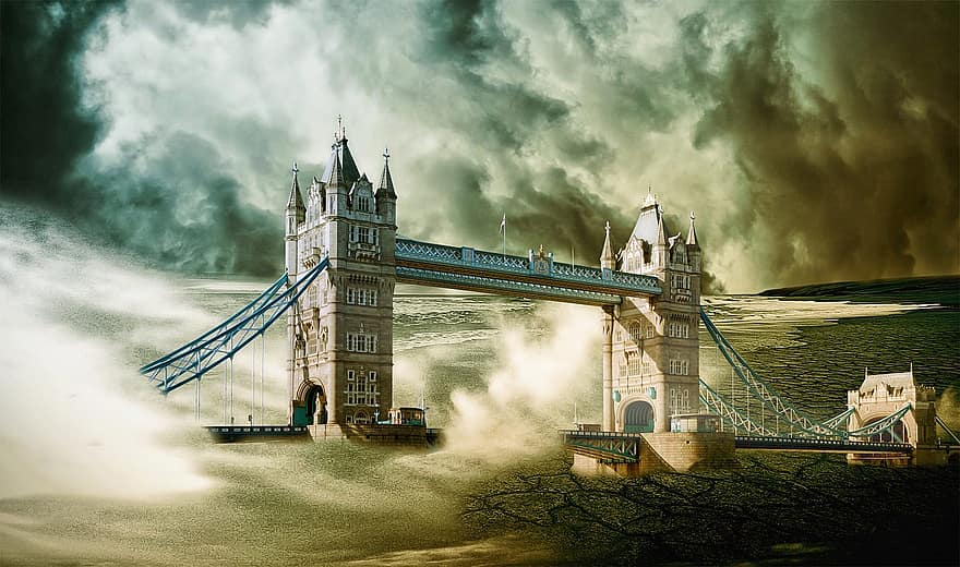 ponte, Londra, ponte di Londra, costruzione, paesaggio urbano, design, fantasia, disegno di fantasia, cielo, cielo drammatico, onde