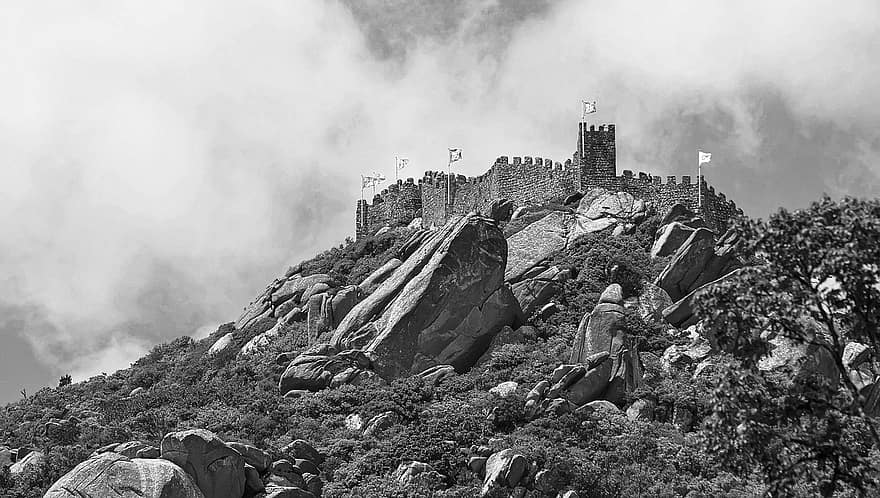Château, Montagne, architecture, noir et blanc, vieux, l'histoire, endroit célèbre, paysage, vieille ruine, ancien, Voyage