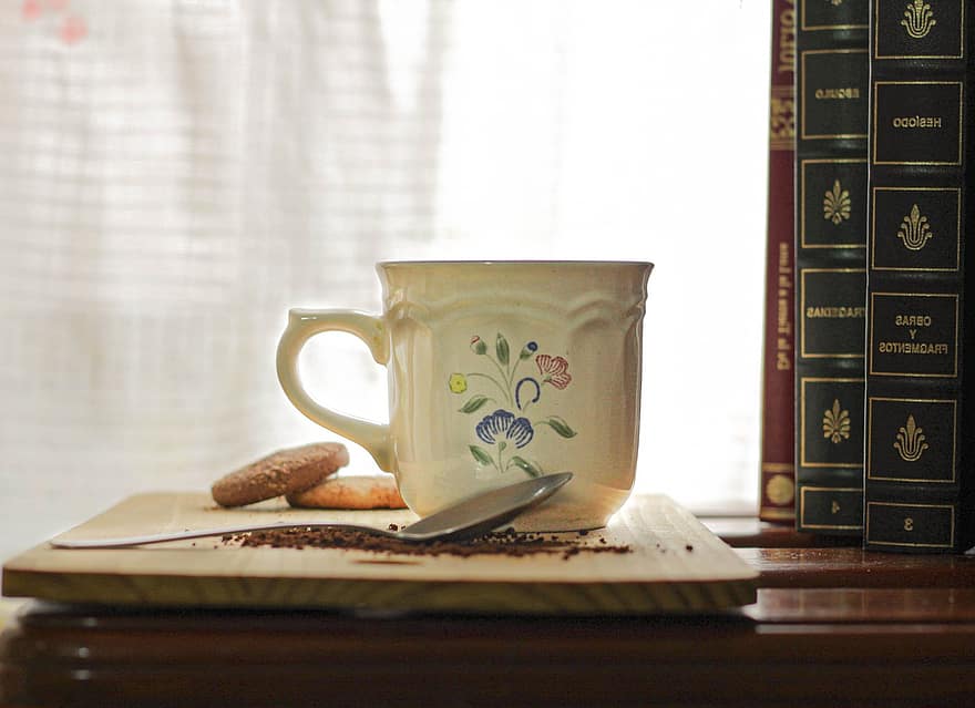 ital, kávé, csésze, keksz, reggeli, könyvek, melankólia, béke, könyv, asztal, közelkép