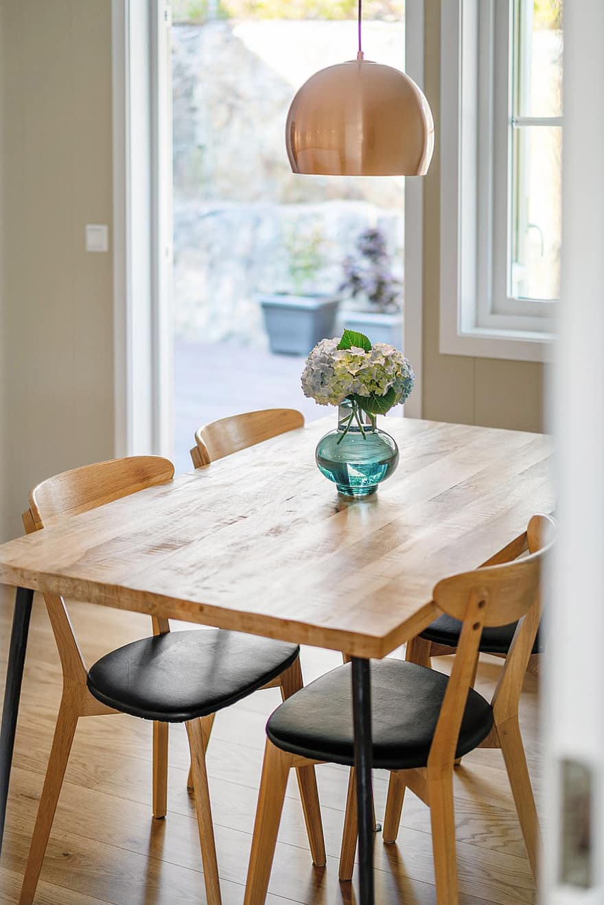 mobilia, tavolo da pranzo, in casa, interior design, immobiliare, tavolo, sedie, vaso