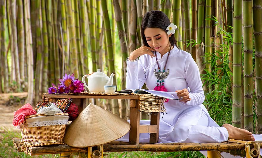 myanmar, mujer, picnic, bambú, naturaleza, paisaje, estudiando