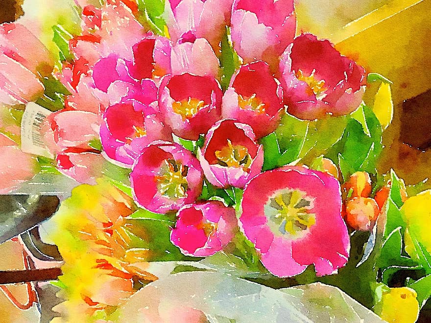 тюльпани, акварель, цифровий, квітковий, квітка, Рослина, весна, рожевий, сад, жовтий, твори мистецтва
