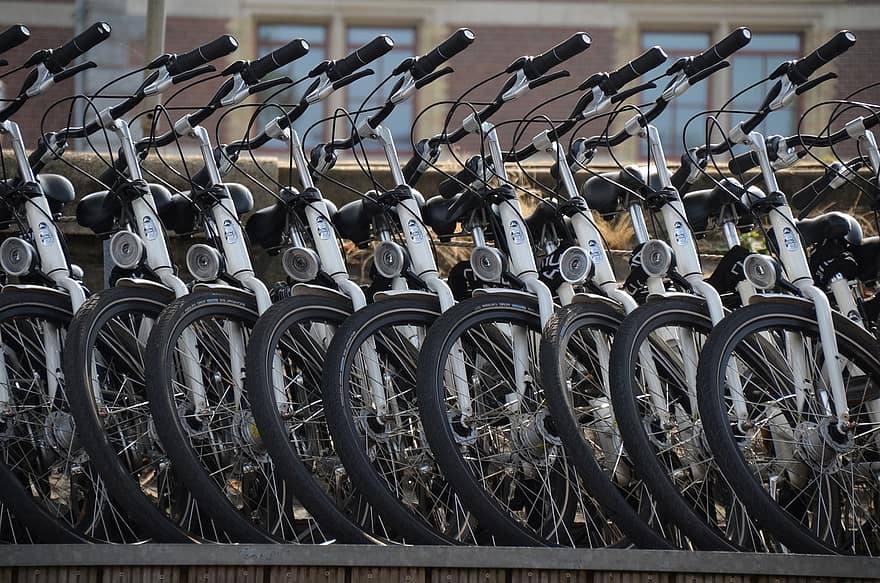 velosipēdi, autostāvvieta, iela, velosipēdu, braukt, ārā, amsterdam, Nīderlande