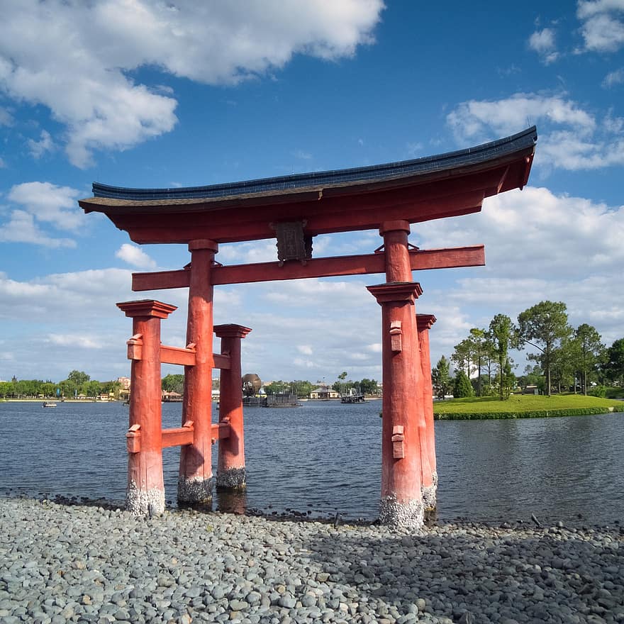 portão, agua, torii, japonês, Japão, orlando, flórida